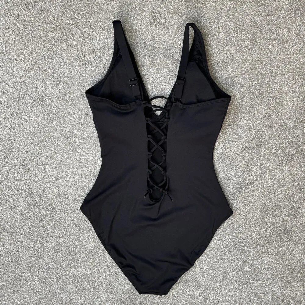 TA3 Swimsuit Womens Large Black One Piece Plunge Corset Back Hourglass Goth Sexy